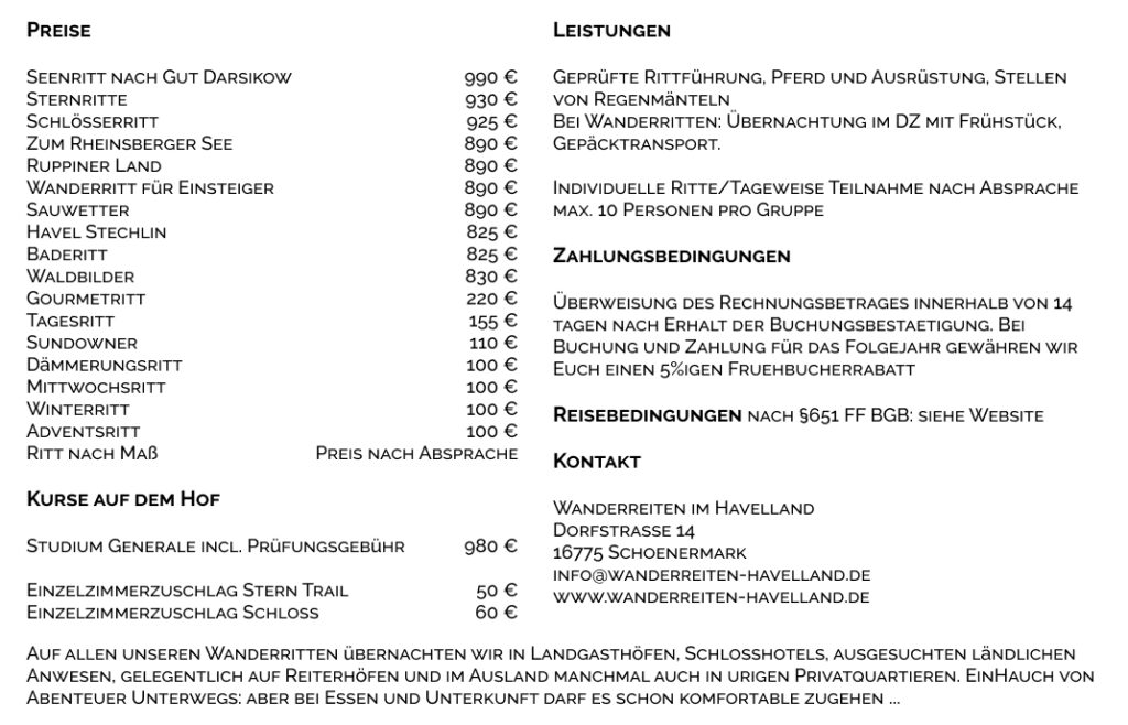 Preise 2026 Wanderreiten im Havelland